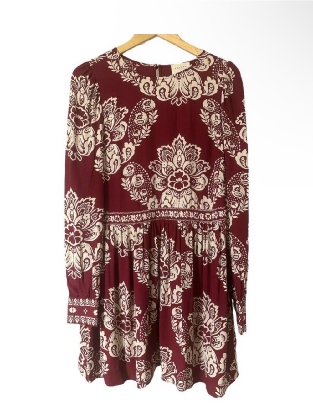 Sezane Burgundy and Cream Paisley Long-Sleeve Dress - Picture 6 of 7
